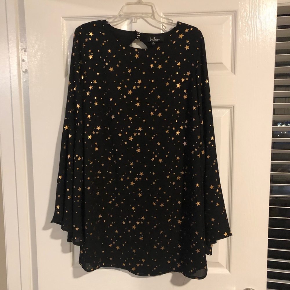 Lulus black dress with rose gold stars